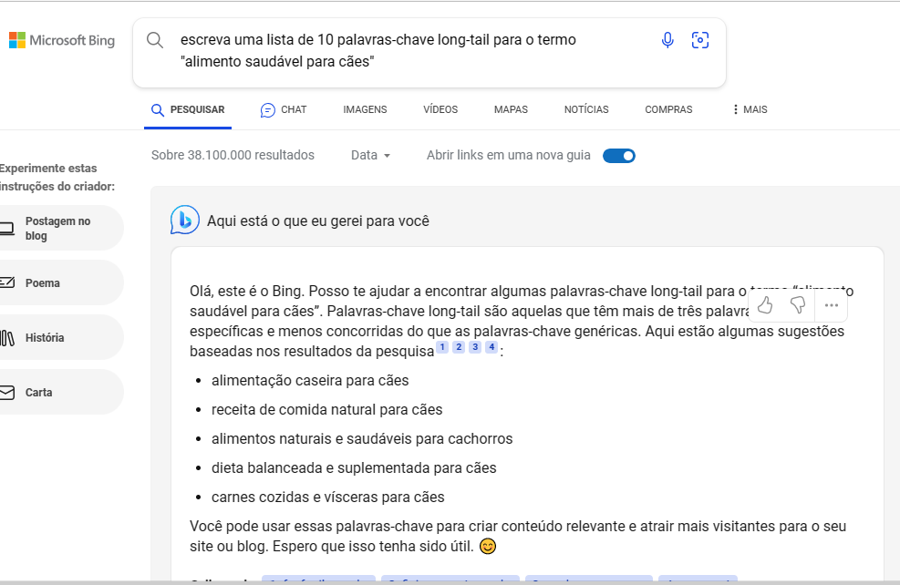 Interface de pesquisa do Bing com o uso do ChatGPT