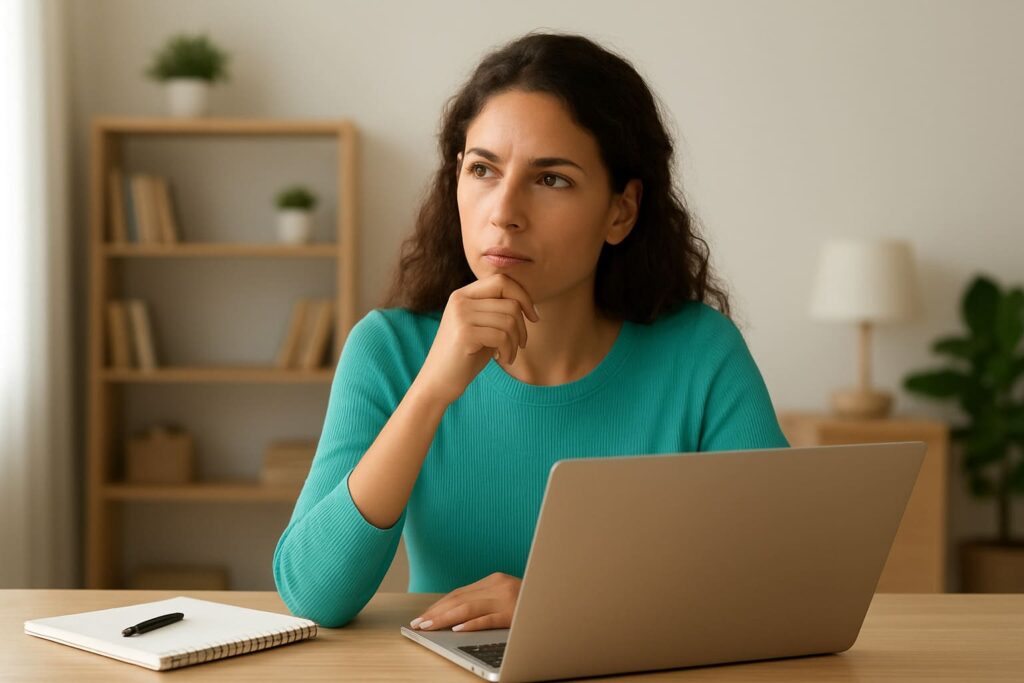 Moça em frente ao seu laptop em home office pensativa sobre quantos posts precisa para começar seu blog